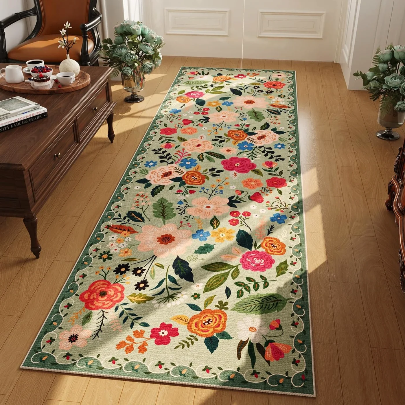 Floral Area Rug, Green 9' × 12'