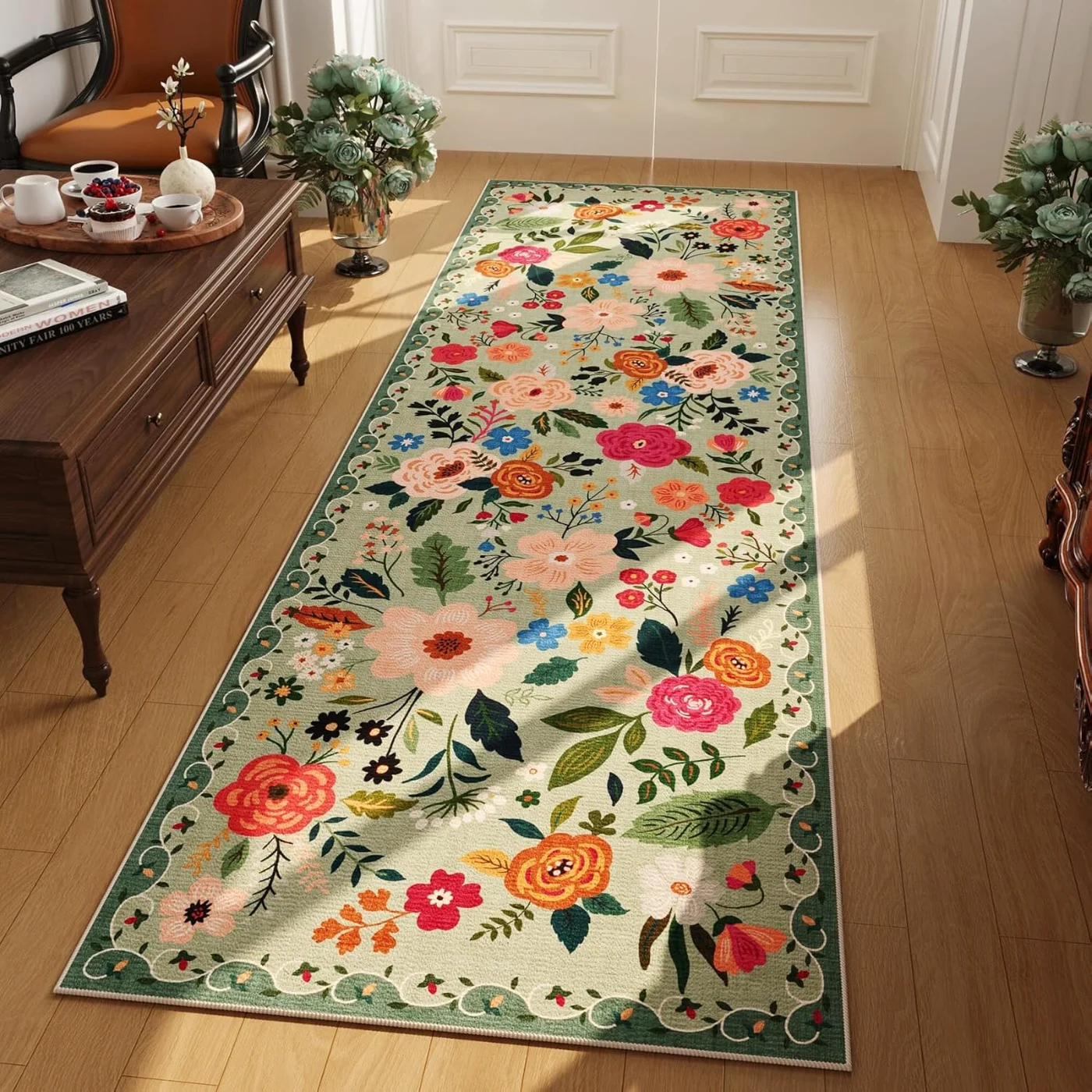 Floral Round Rug, Green 4' round