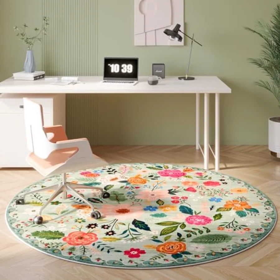 Floral Round Rug, Green 4' round, view 5