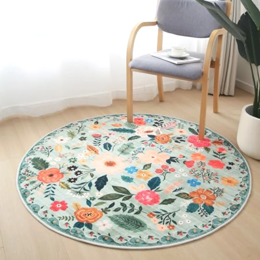 Floral Round Rug, Green 4' round, view 6
