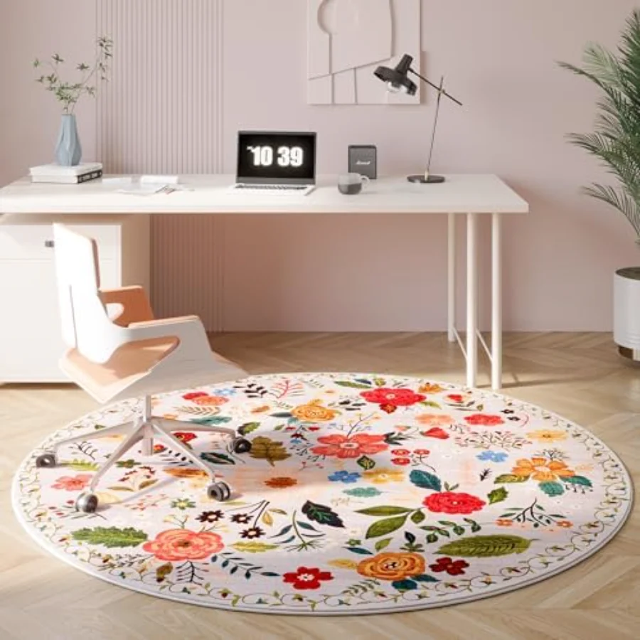 Floral Round Rug, Beige 4' round, view 5