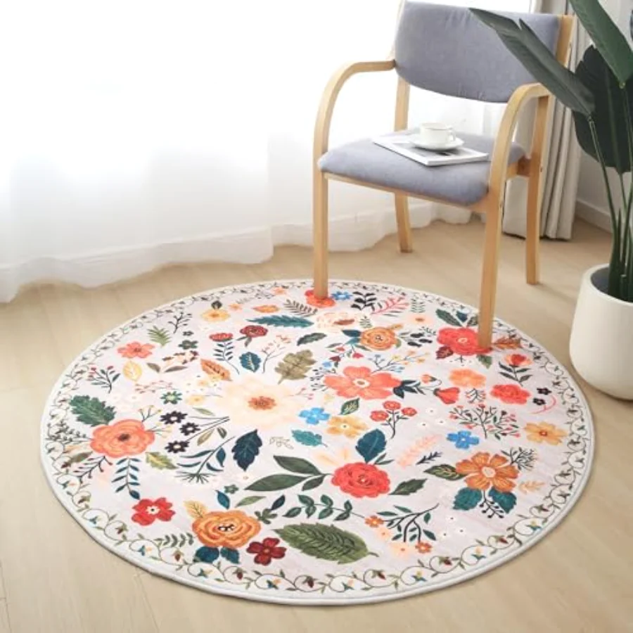 Floral Round Rug, Beige 4' round, view 6