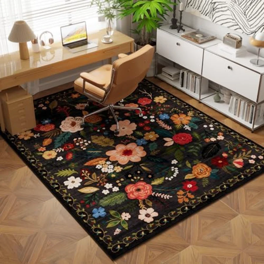 Floral Area Rug, Black 4' × 6', view 2