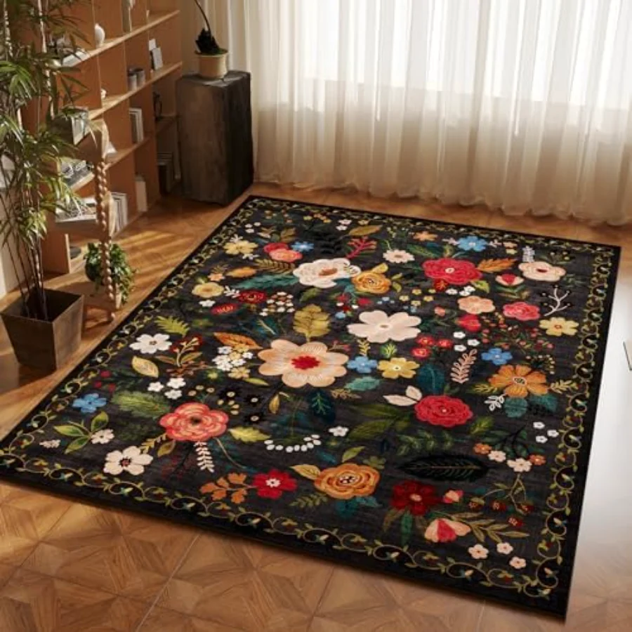 Floral Area Rug, Black 4' × 6', view 3