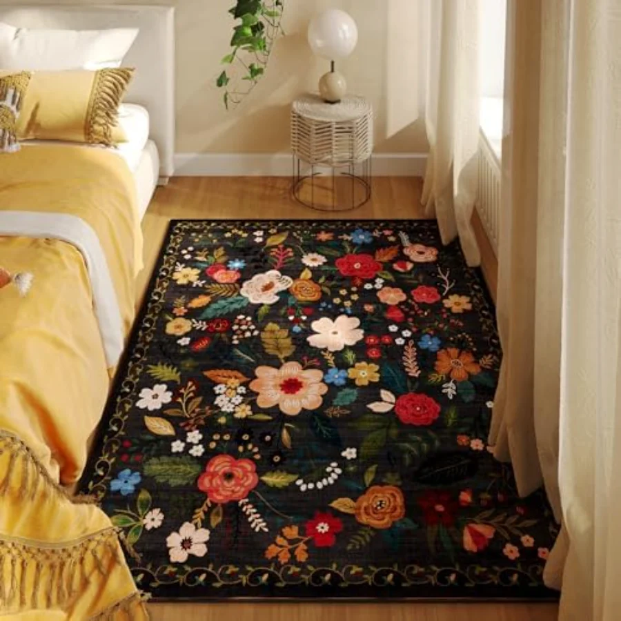 Floral Area Rug, Black 4' × 6', view 4