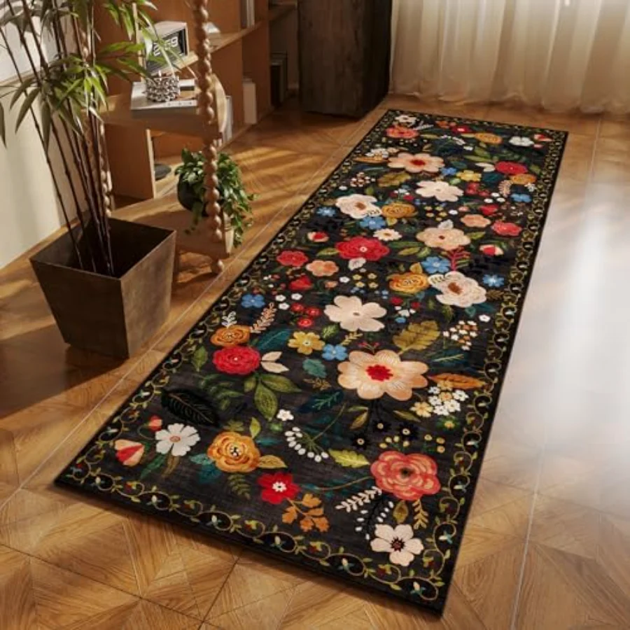 Floral Round Rug, Black 6' round, view 5