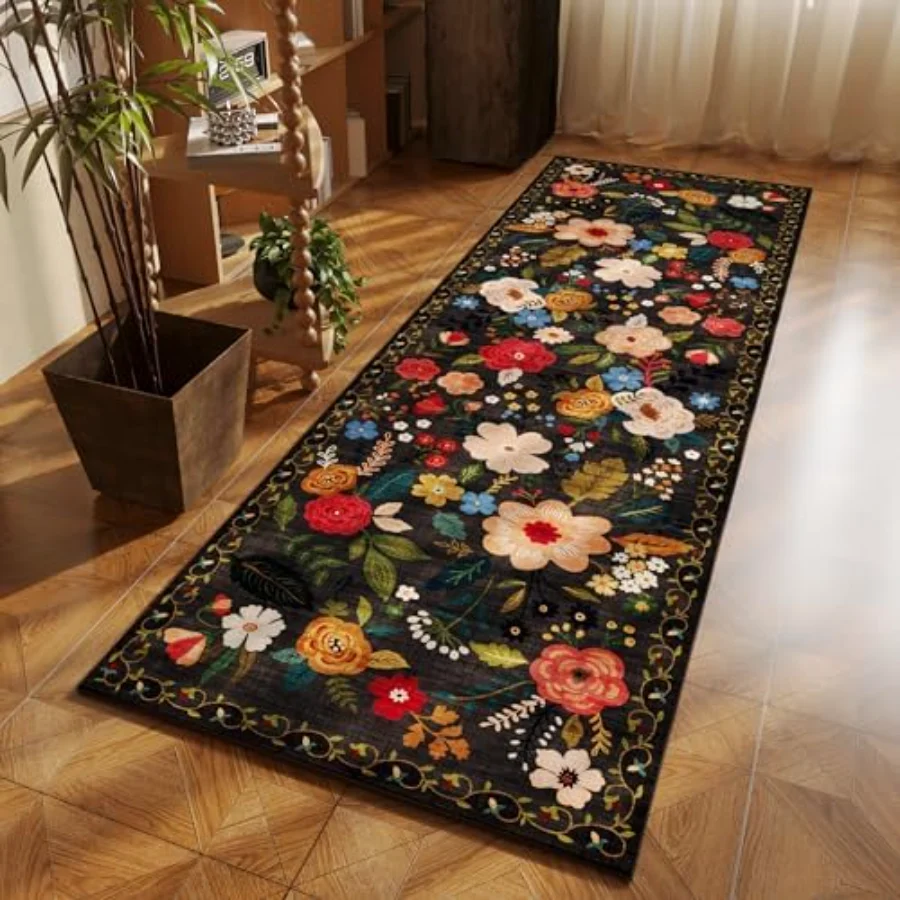 Floral Area Rug, Black 3' × 5', view 5