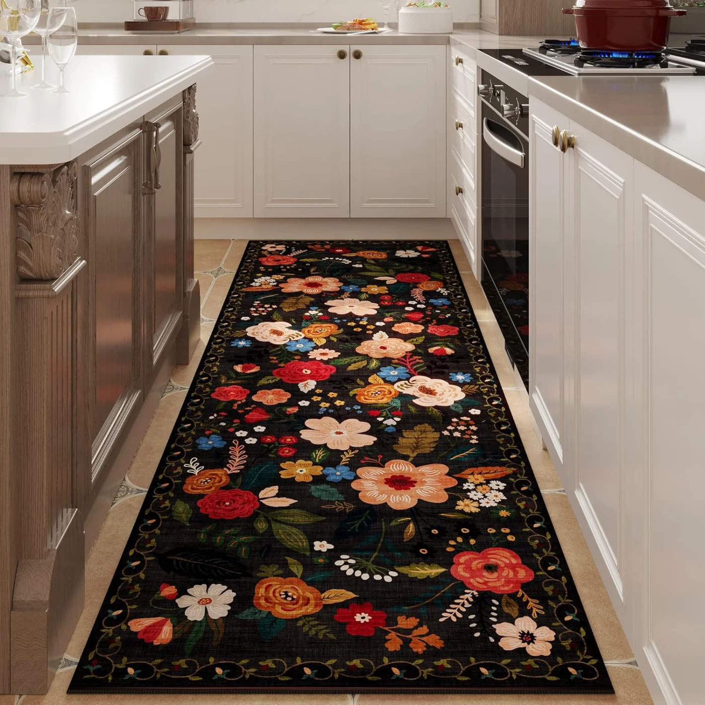 Floral Area Rug, Black 9' × 12'
