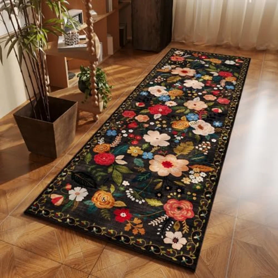 Floral Area Rug, Black 9' × 12', view 5