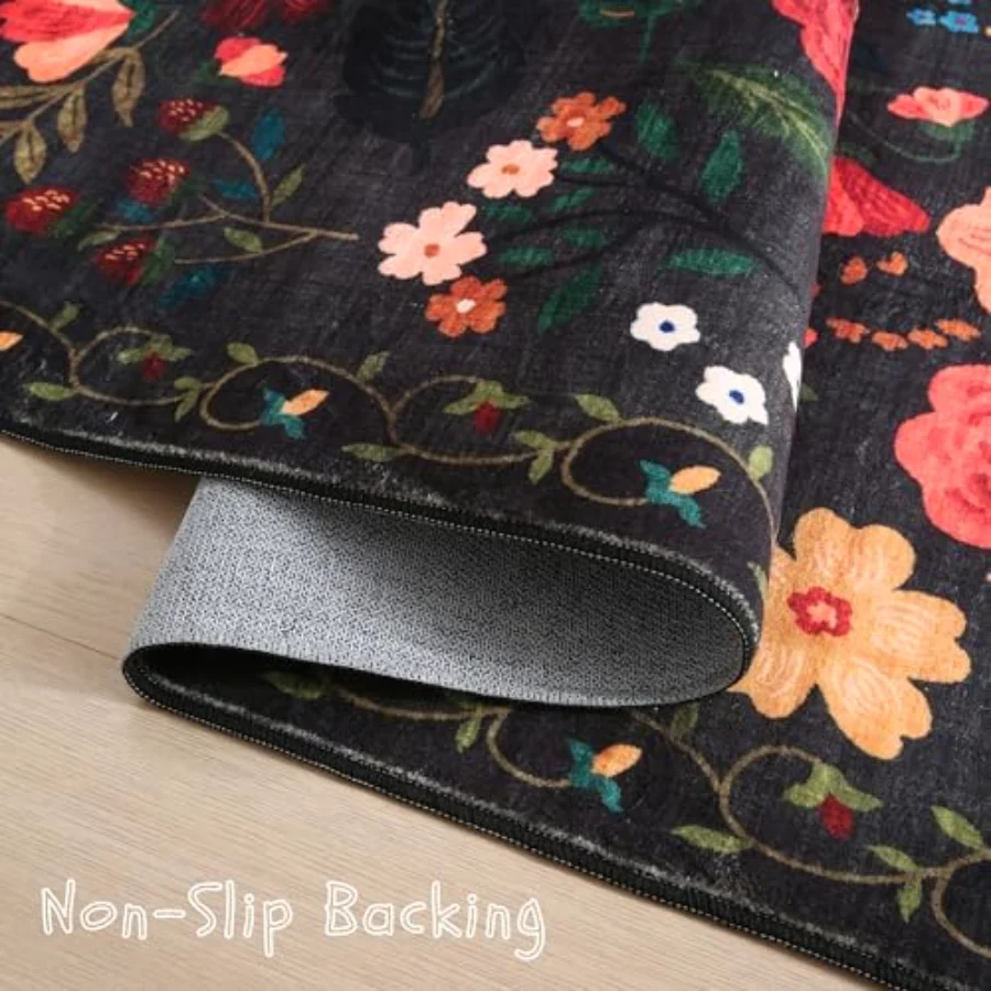 Floral Area Rug, Black 5' × 7', view 3