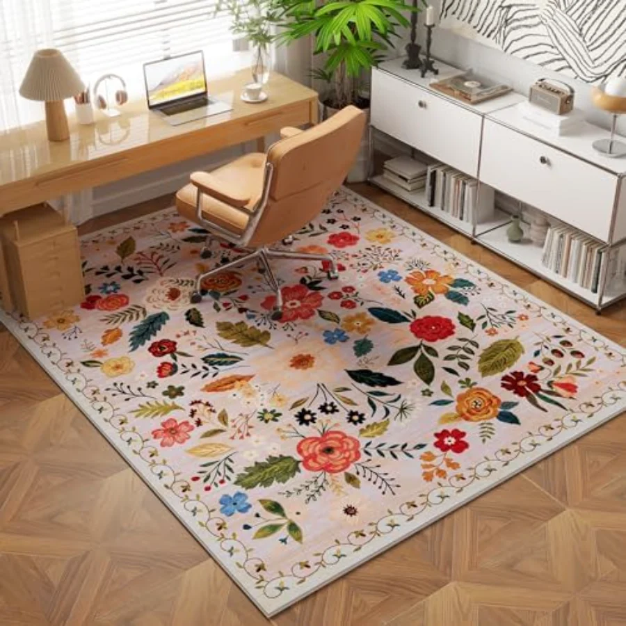 Floral Area Rug, Beige 4' × 6', view 3