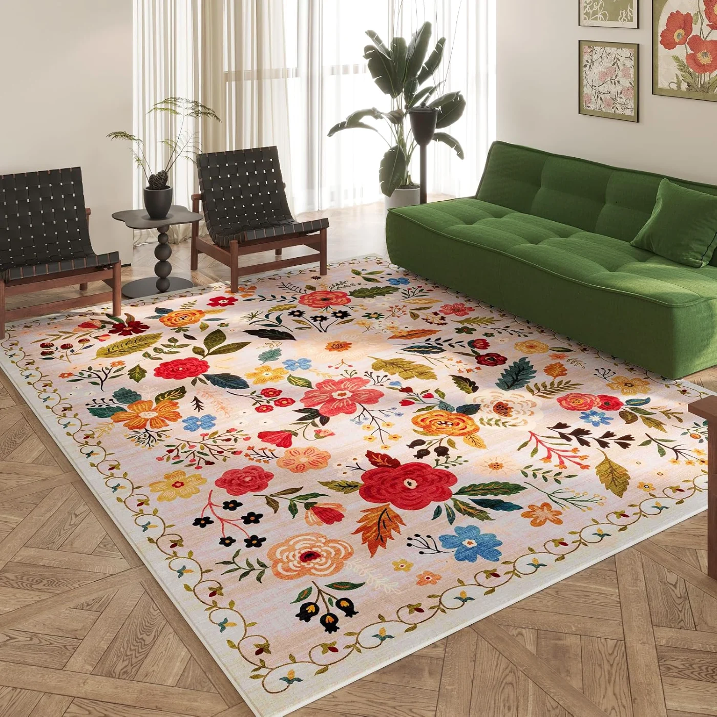 Floral Area Rug, Beige 5' × 7'
