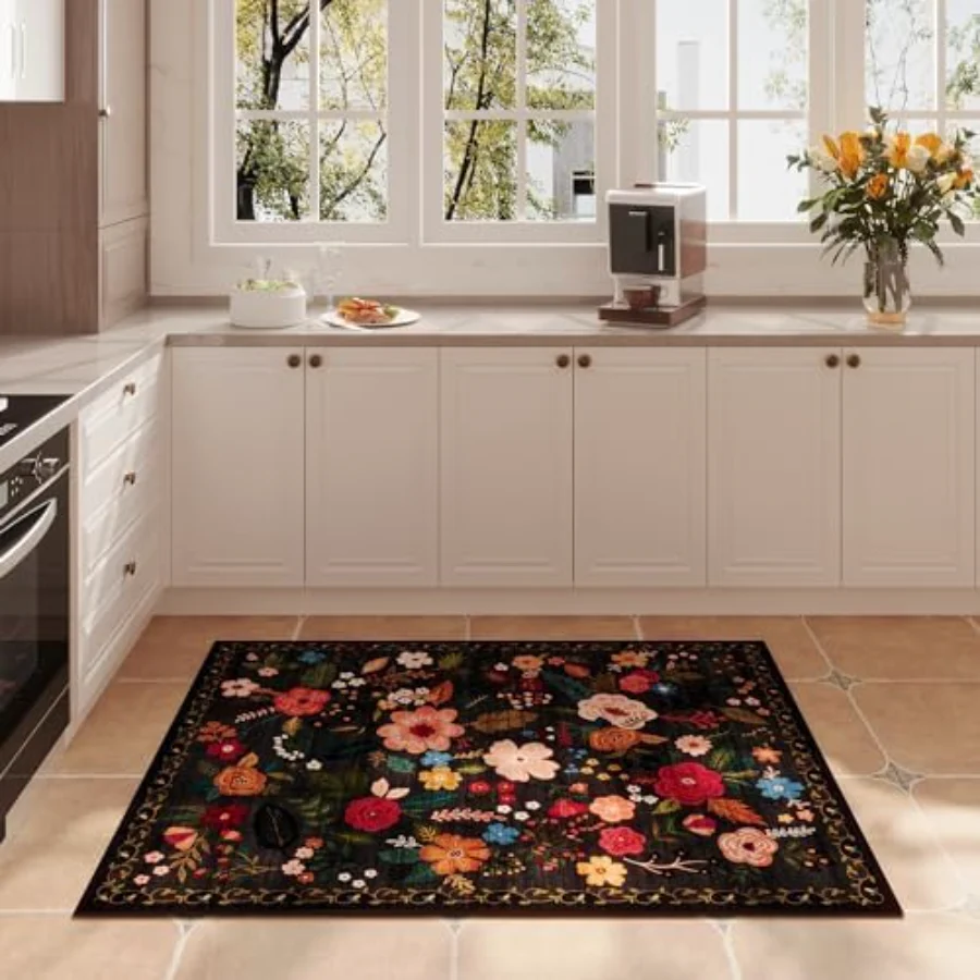 Floral Doormat, Black 2' × 3', view 4