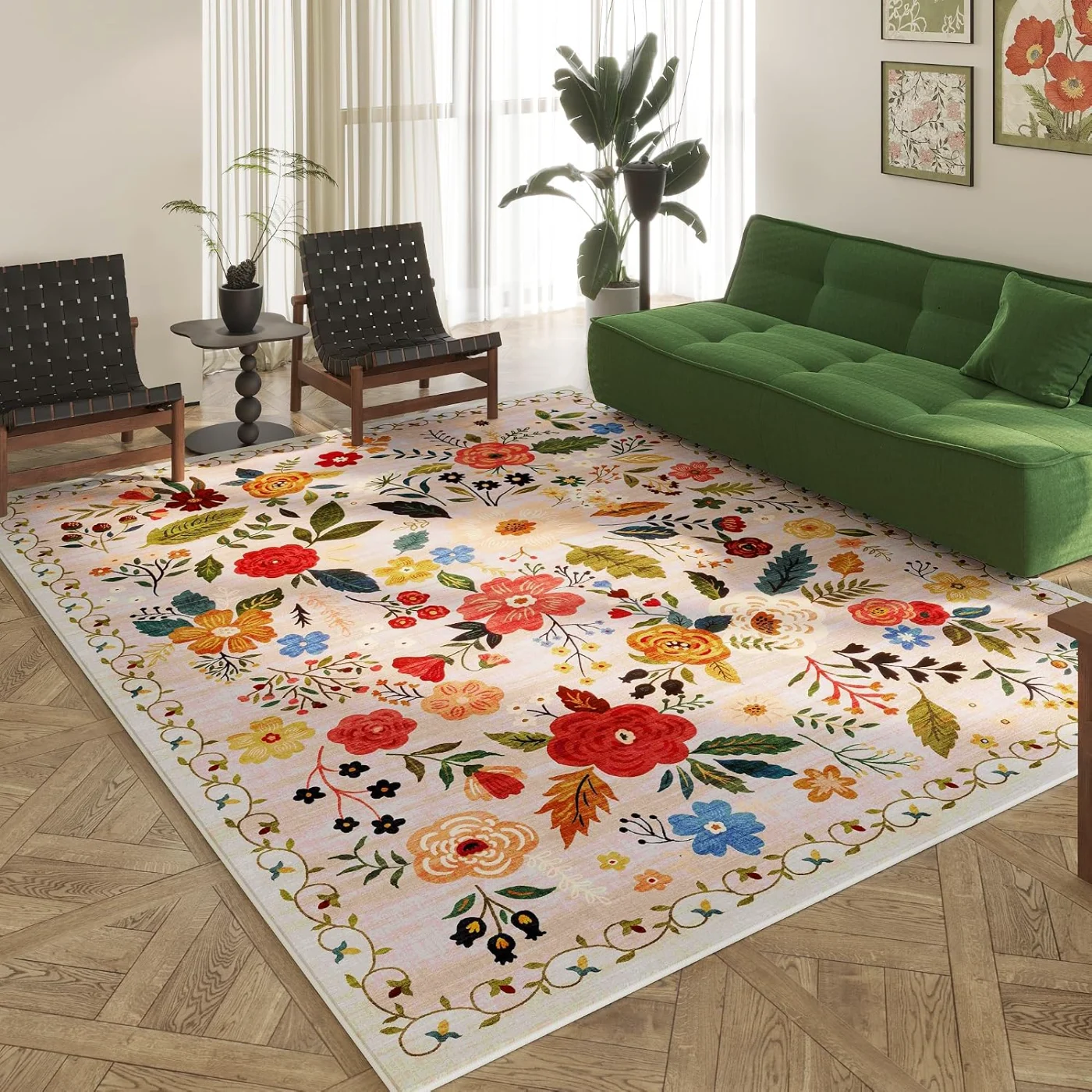 Floral Area Rug, Beige 9' × 12'