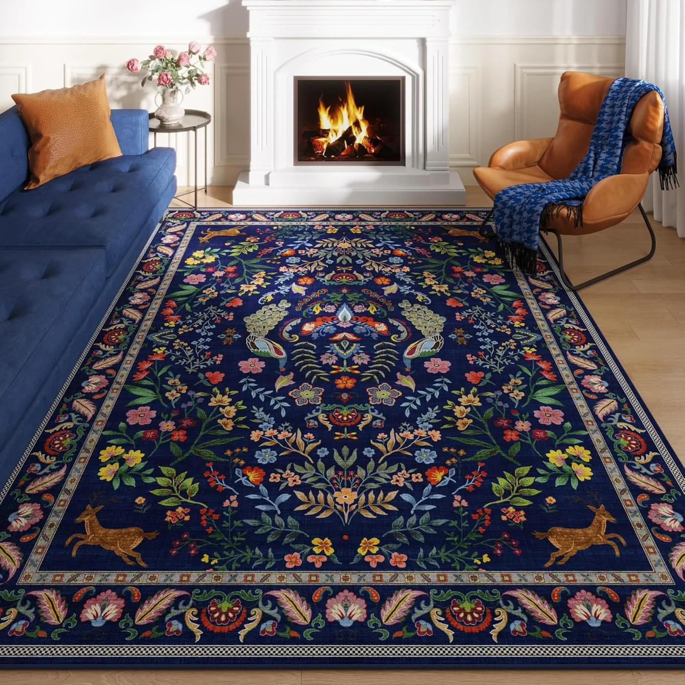 Floral Area Rug, Blue 9' × 12'