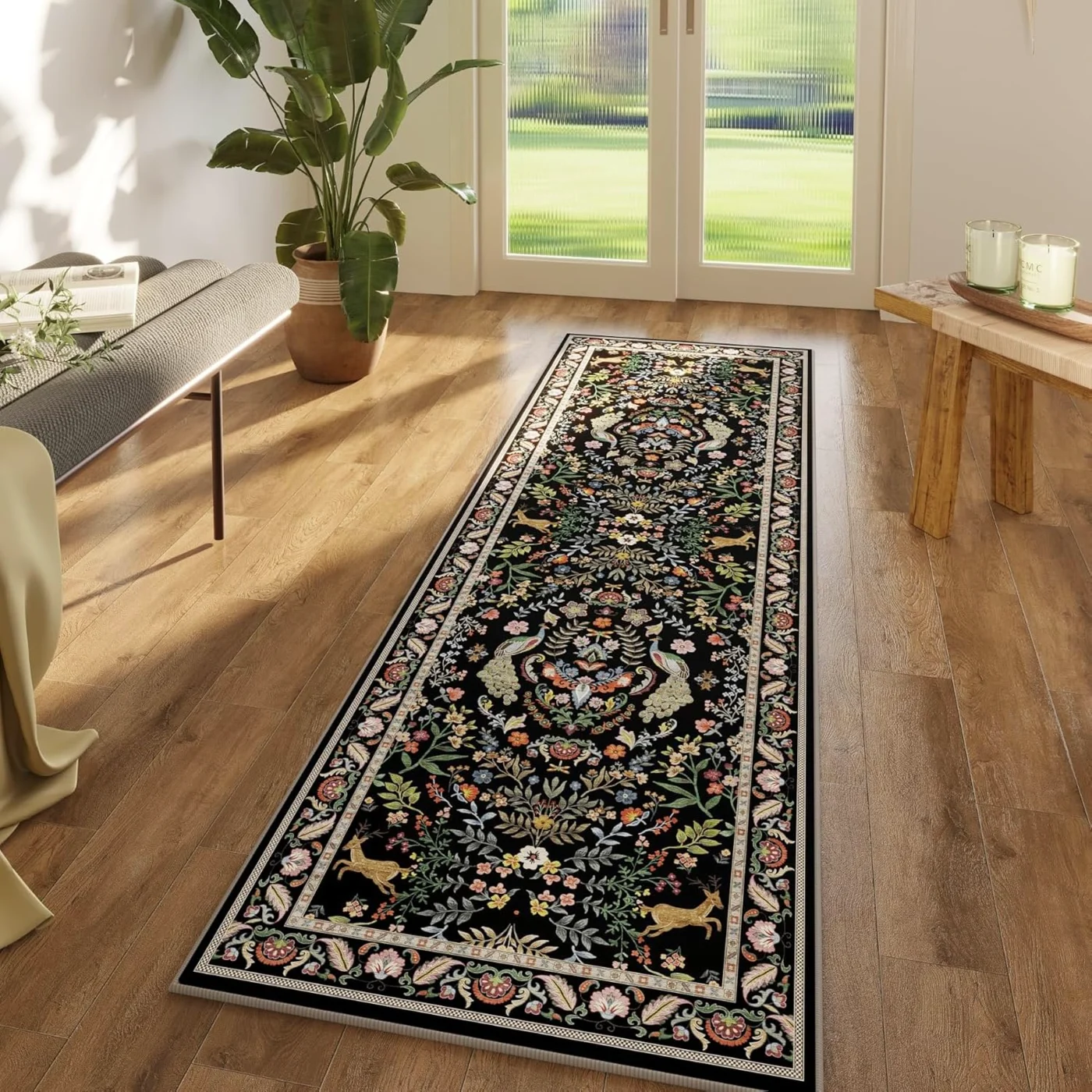 Floral Area Rug, Black 9' × 12'
