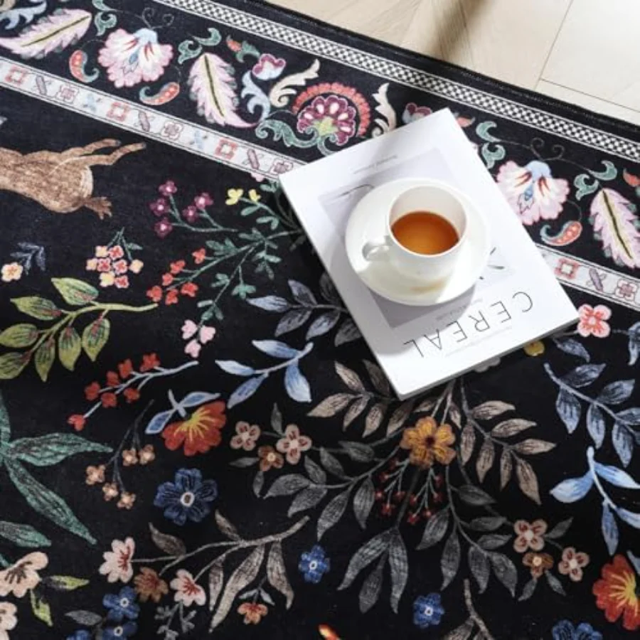 Floral Area Rug, Black 5' × 7', view 6