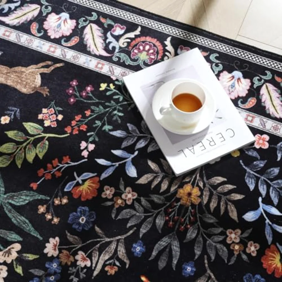 Floral Area Rug, Black 4' × 6', view 6