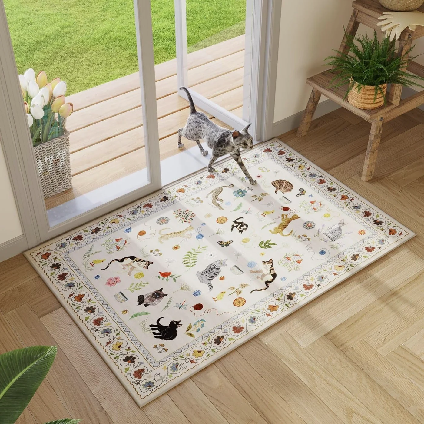 Floral Area Rug, Green 5' × 7'