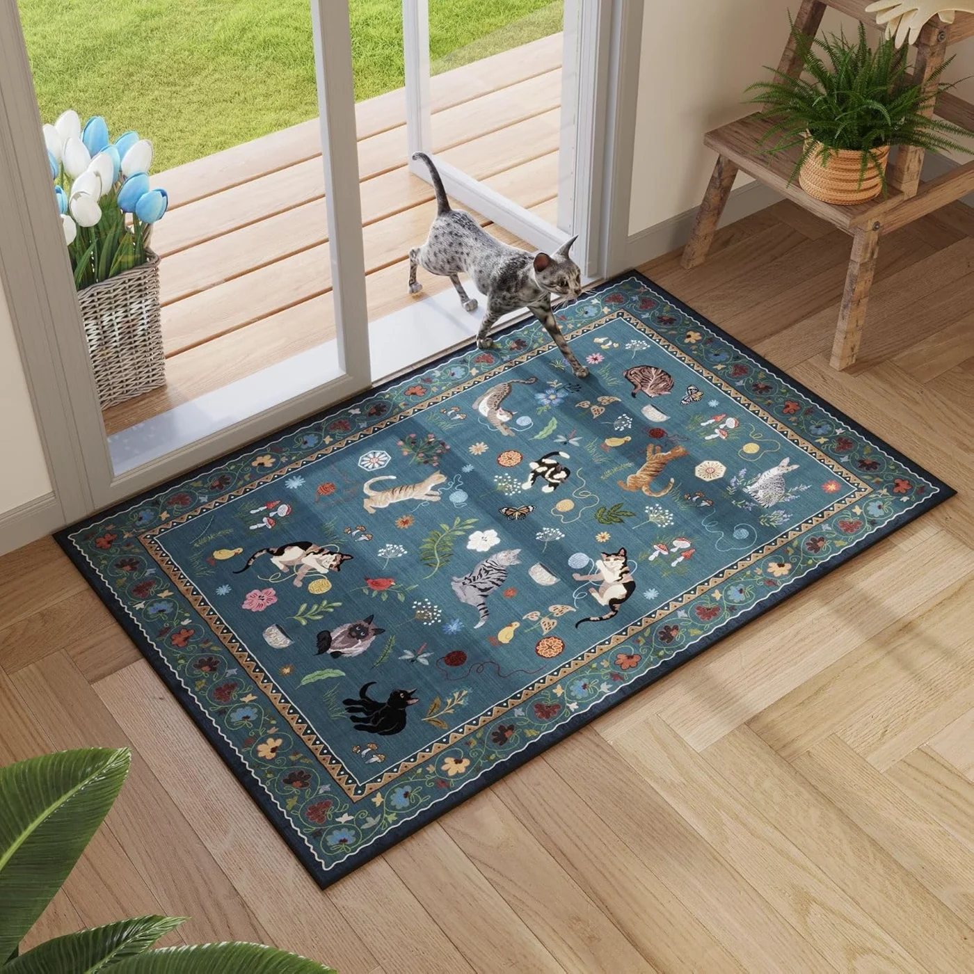 Cat Area Rug, Blue 3' × 5'