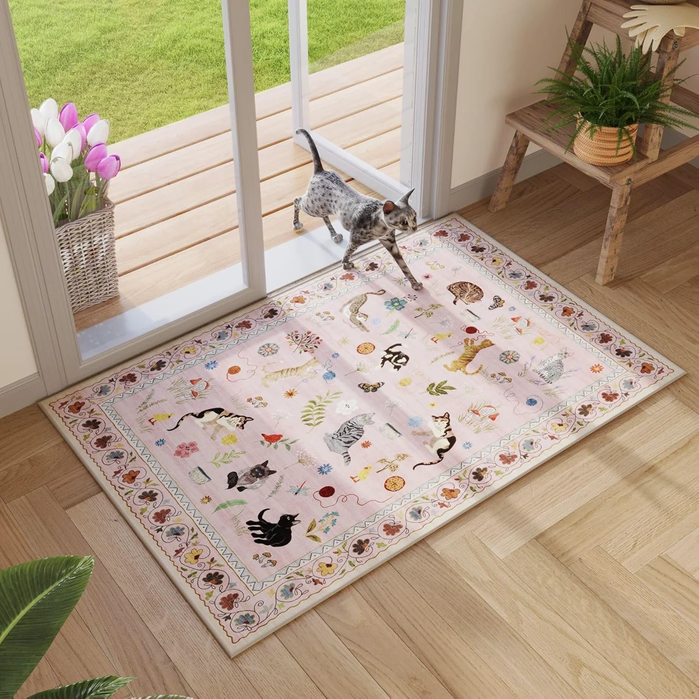 Cat Area Rug, Pink 5' × 7'