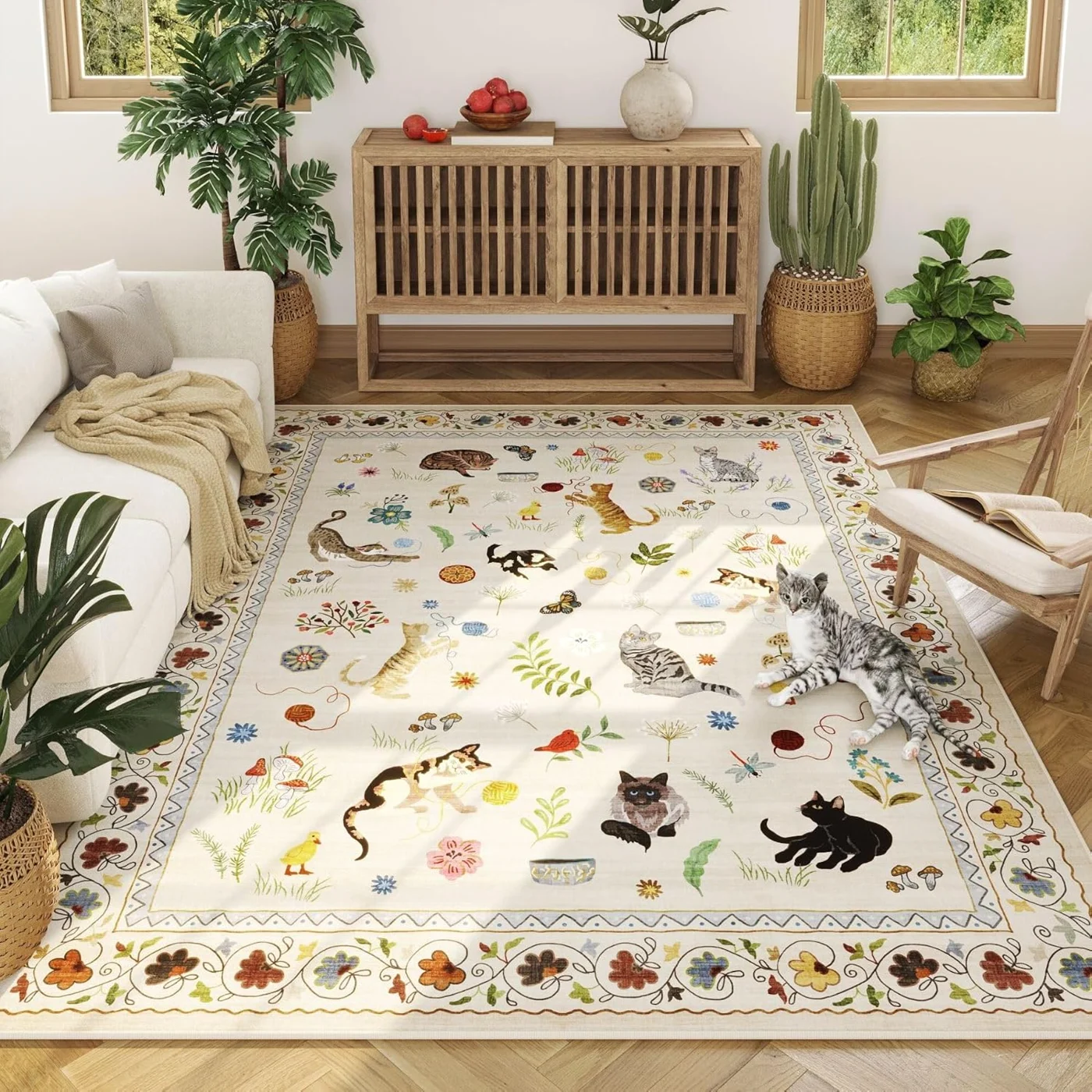 Cat Round Rug, Beige 4' round