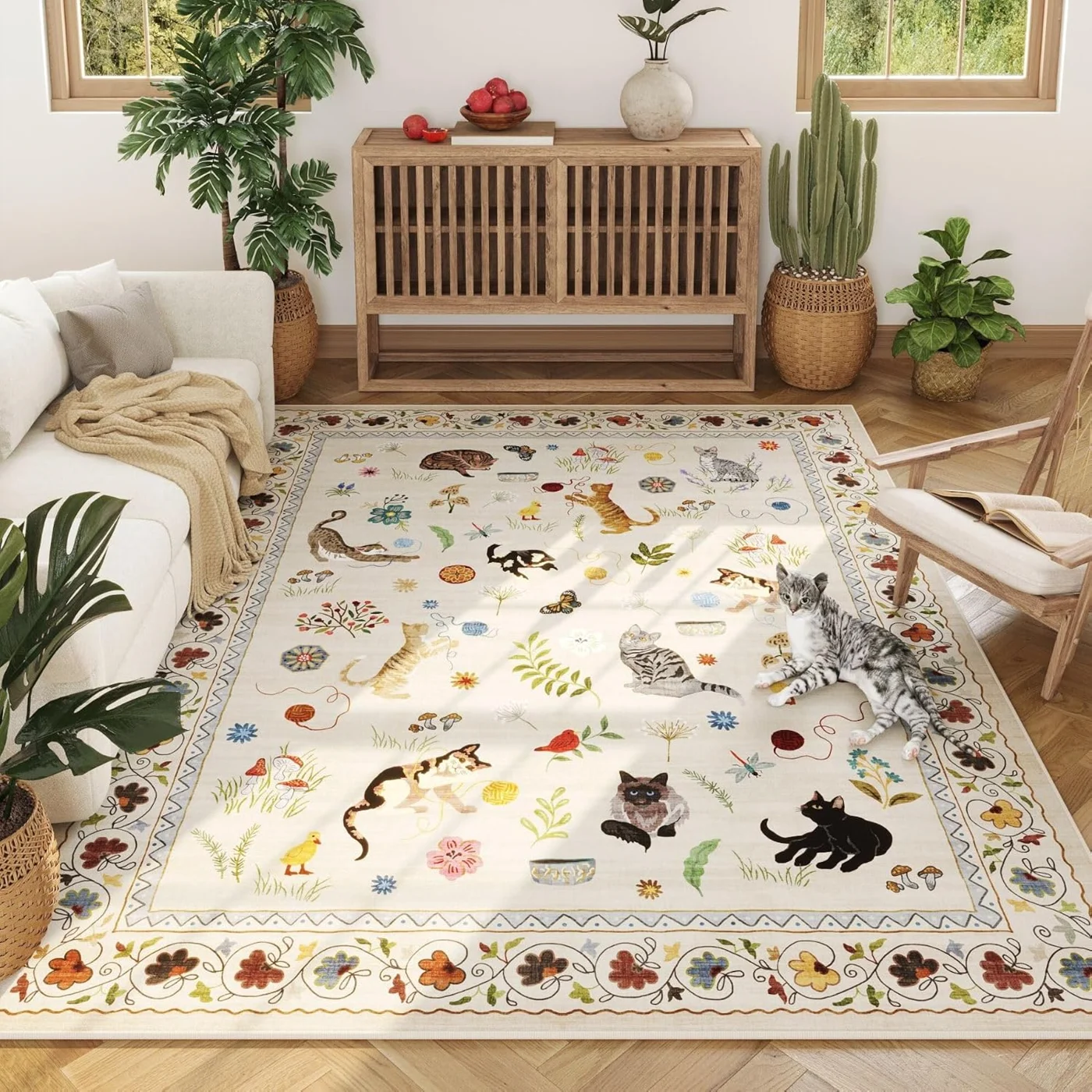Cat Area Rug, Beige 9' × 12'